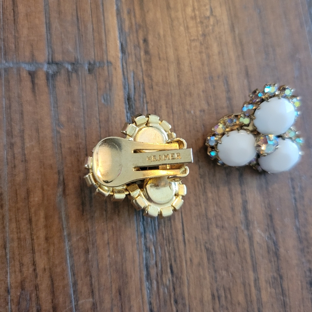 Vintage Kramer Milk Glass & AB Crystal Clip On Earrings - Picture 6 of 7